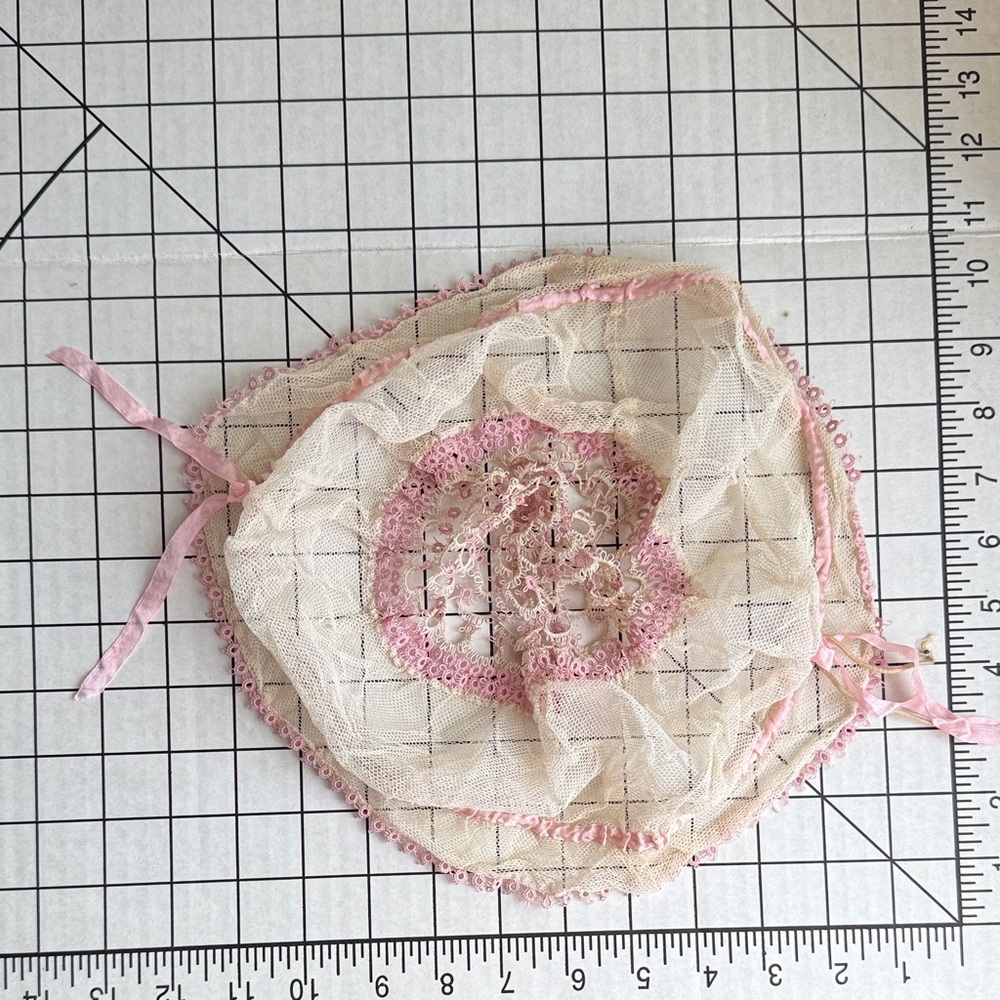 Antique Lace Boudoir Cap – Edwardian/1920s – Ivory Net with Pink Ribbon Trim